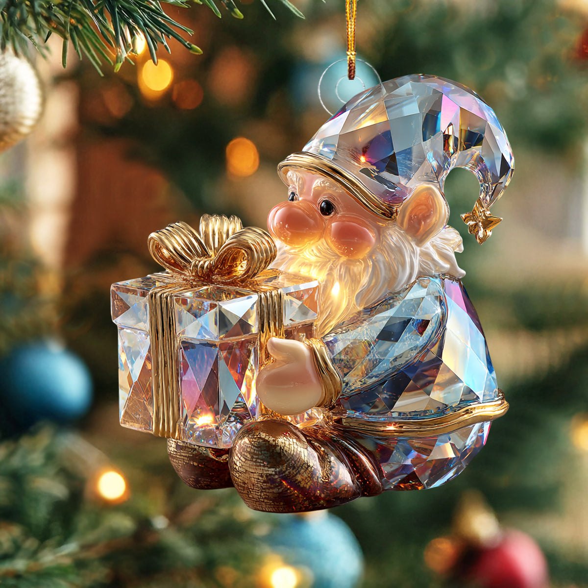 Crystal Gnome With Gift Christmas Ornament