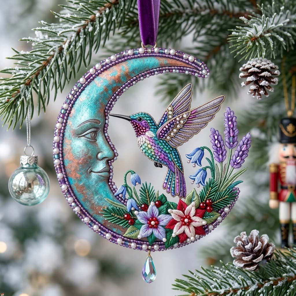 Frosted Floral Crescent Christmas Ornament