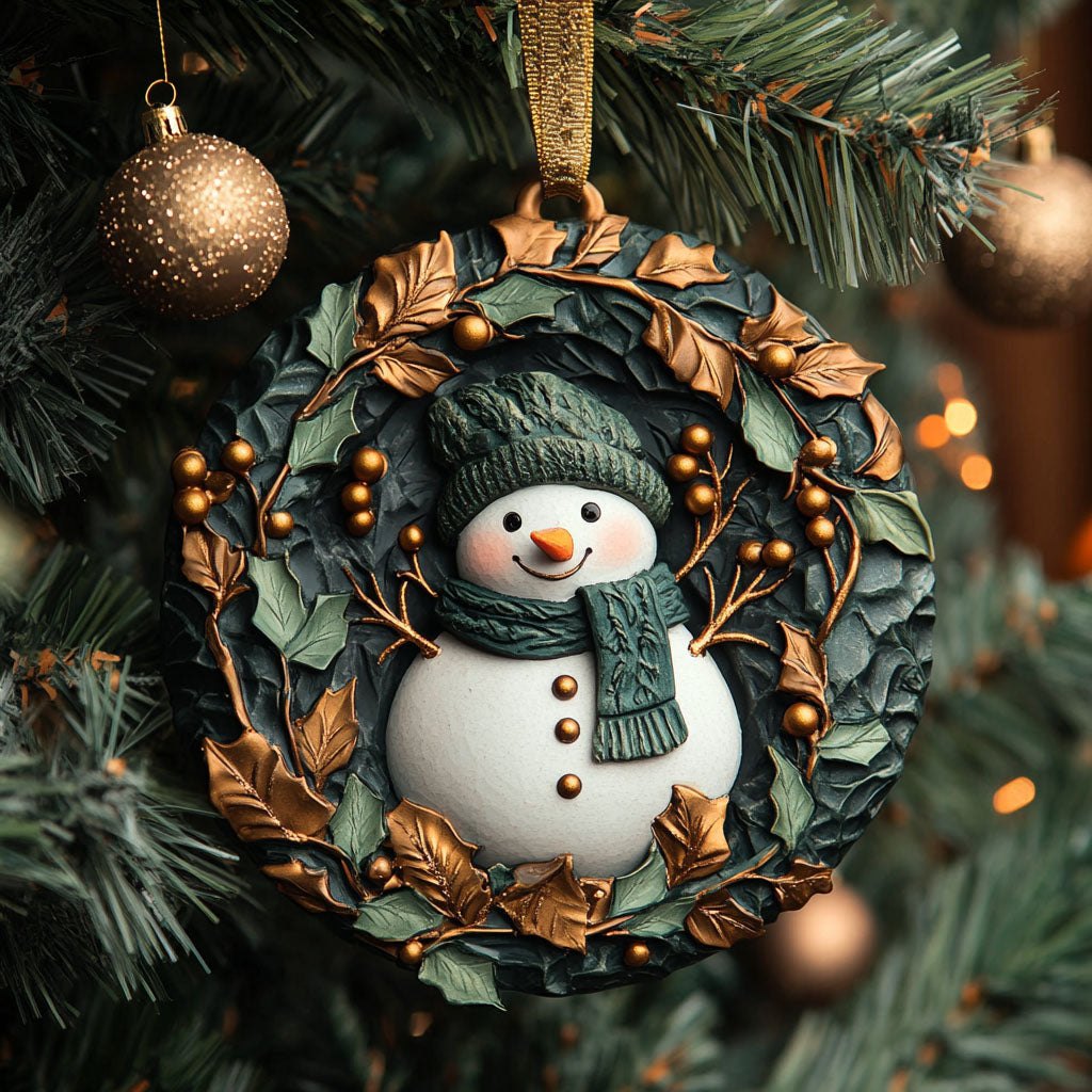 Green Scarf Snowman Wreath Christmas Ornament