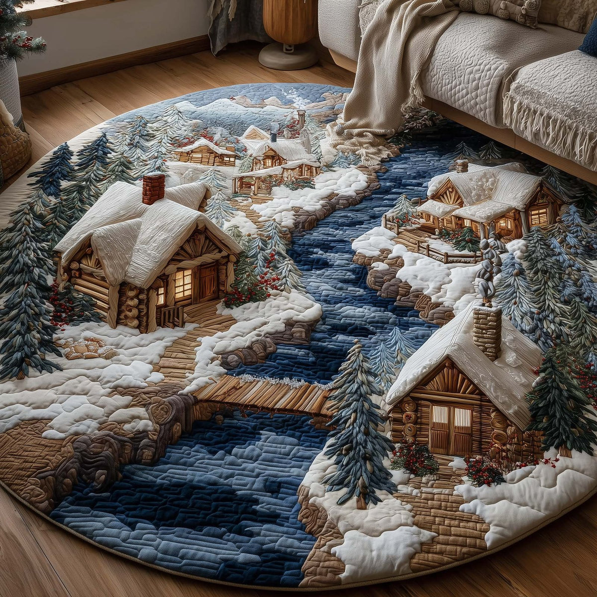 Frosted Townscape Round Mat Rug - washable non-slip printed rug