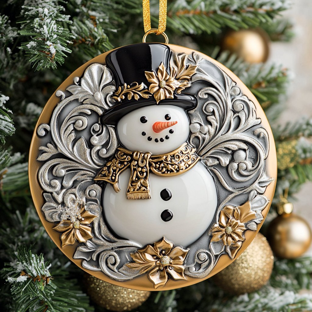 Golden Poinsettia Snowman Christmas Ornament