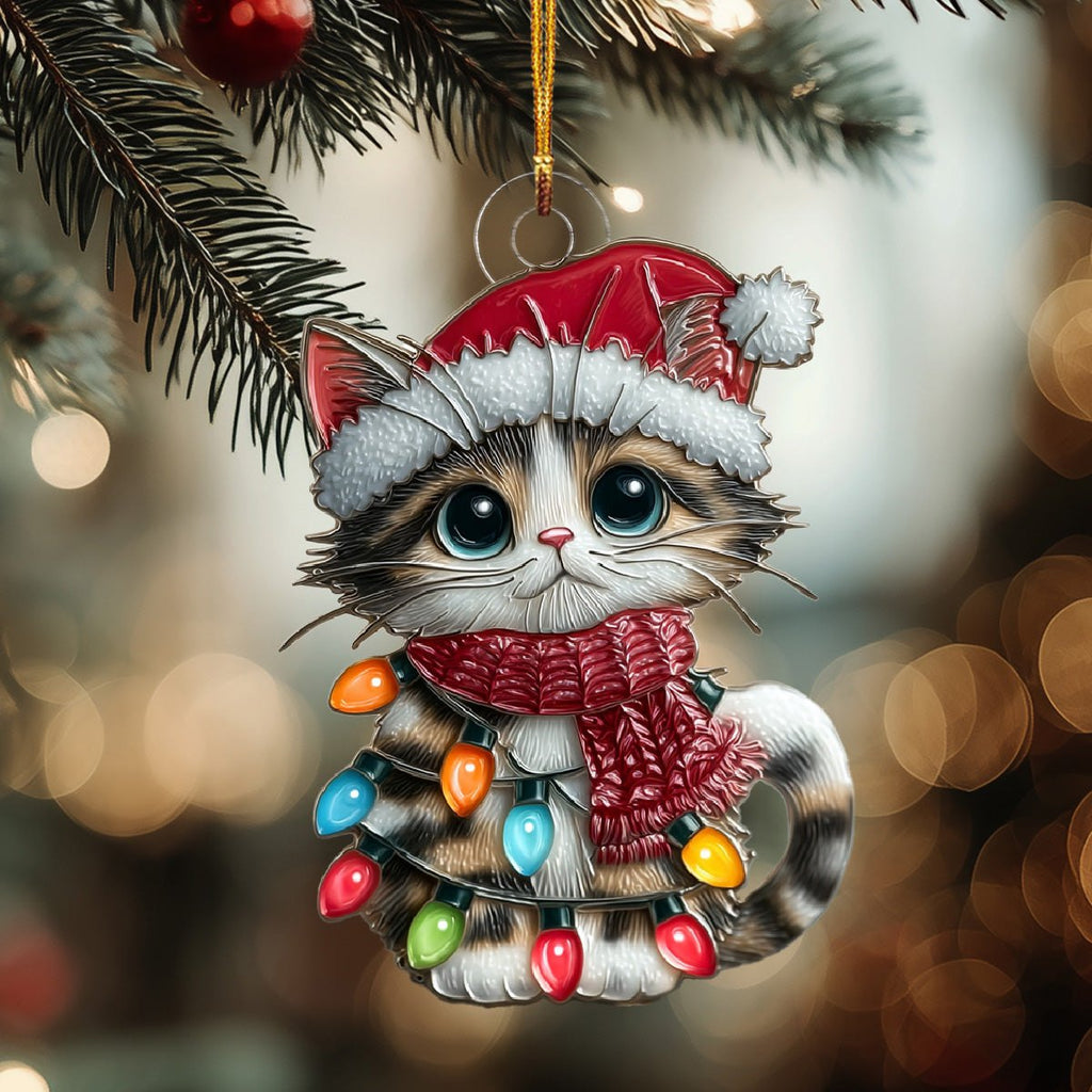 Santa Hat Kitten Lights Christmas Ornament