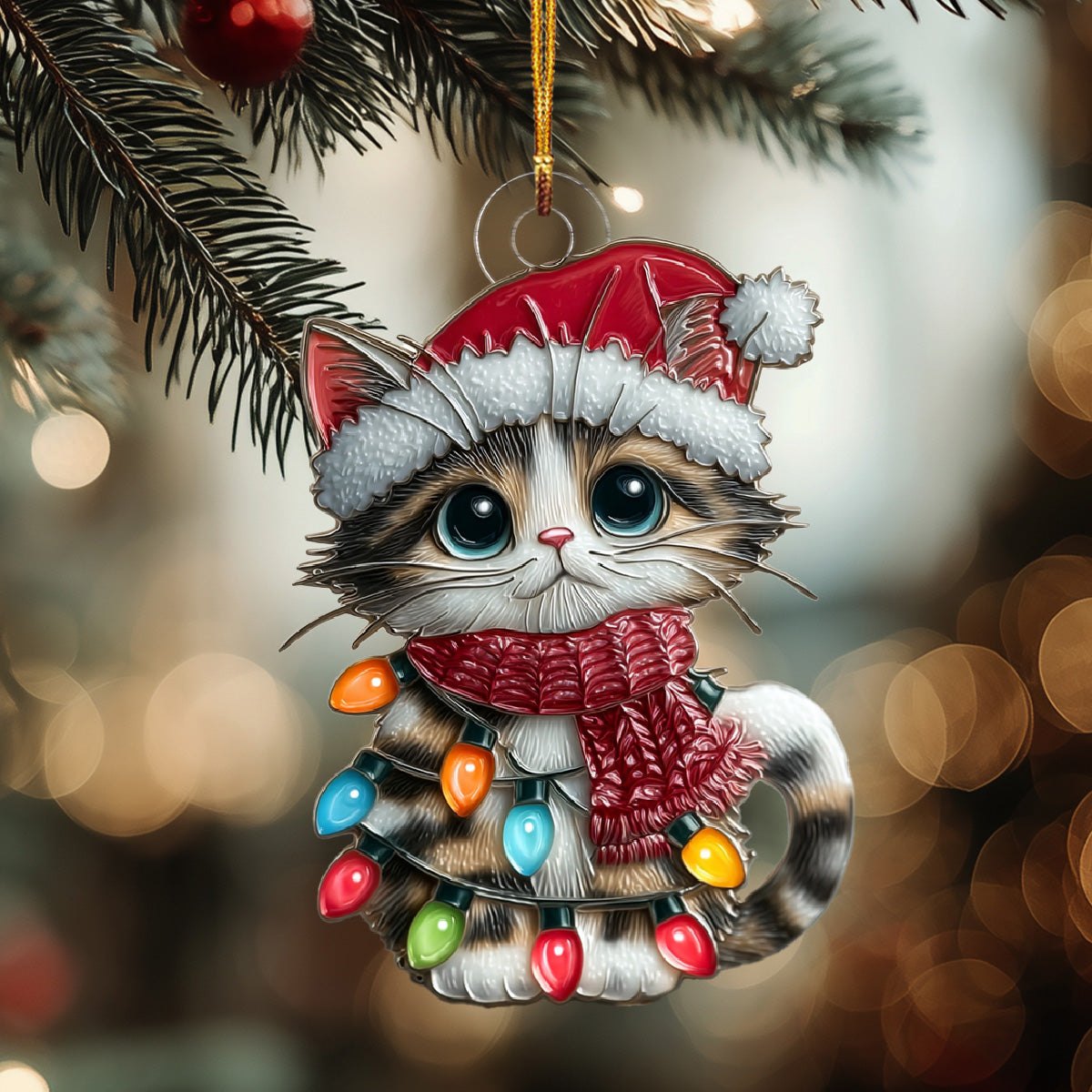 Santa Hat Kitten Lights Christmas Ornament
