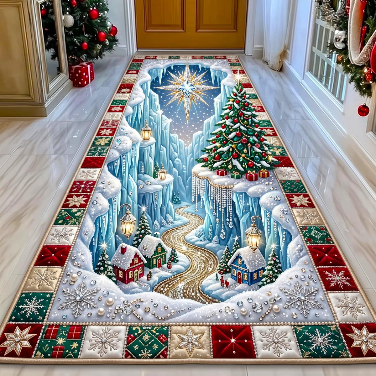 Frosty Christmas Runner Rug - Seasonal Design | Festive Runner Rug - washable non-slip printed rug