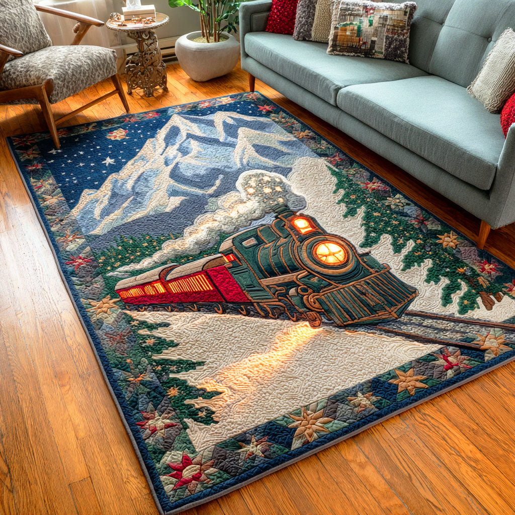 Frosty Track Journey area rug in a living room