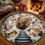 Frosty Village Glow Round Mat Rug - washable non-slip printed rug