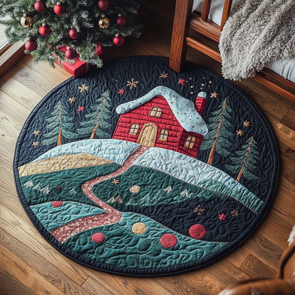 Frosty Woodland Cabin Round Mat Rug - washable non-slip printed rug