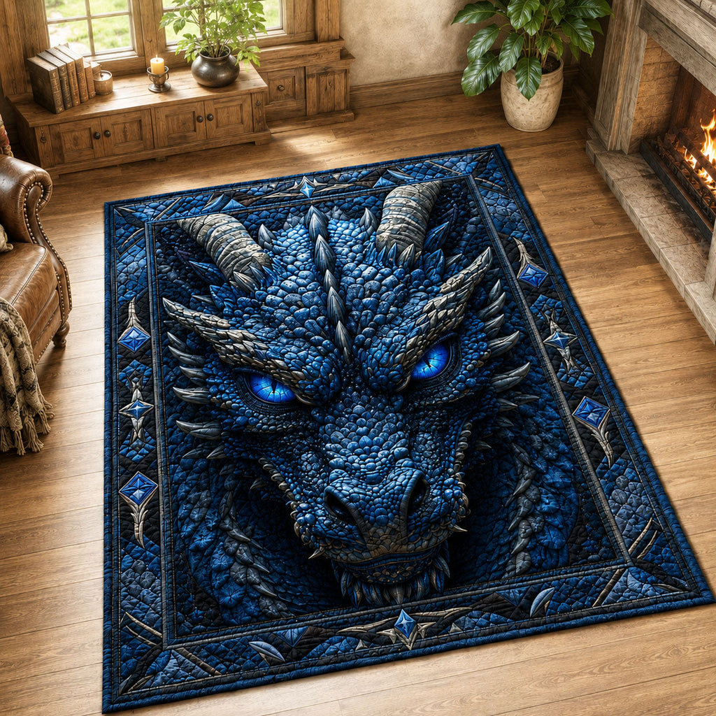 Frozen Blue Dragon Guardian area rug in a living room
