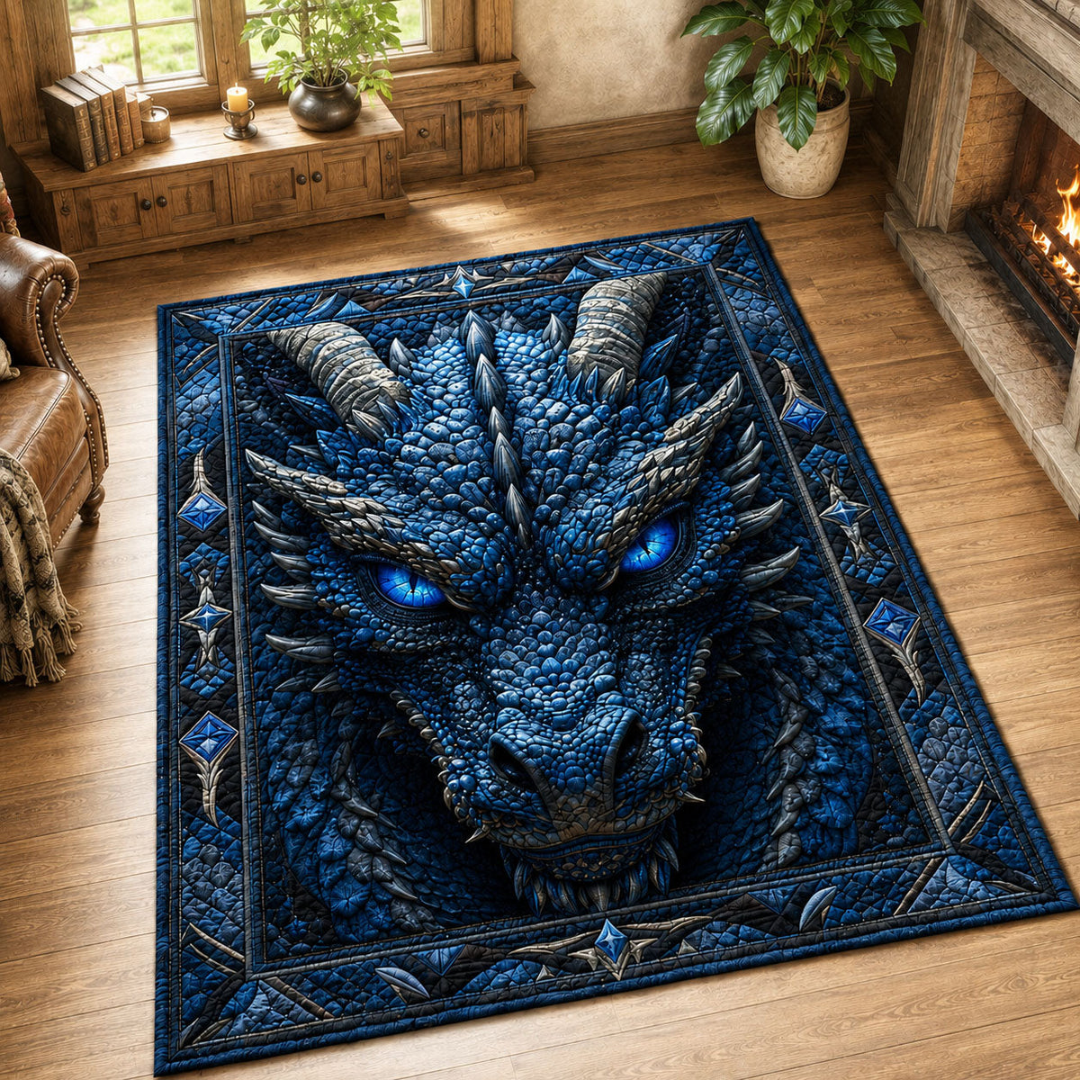Frozen Blue Dragon Guardian area rug in a living room