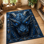 Frozen Blue Dragon Guardian area rug in a living room