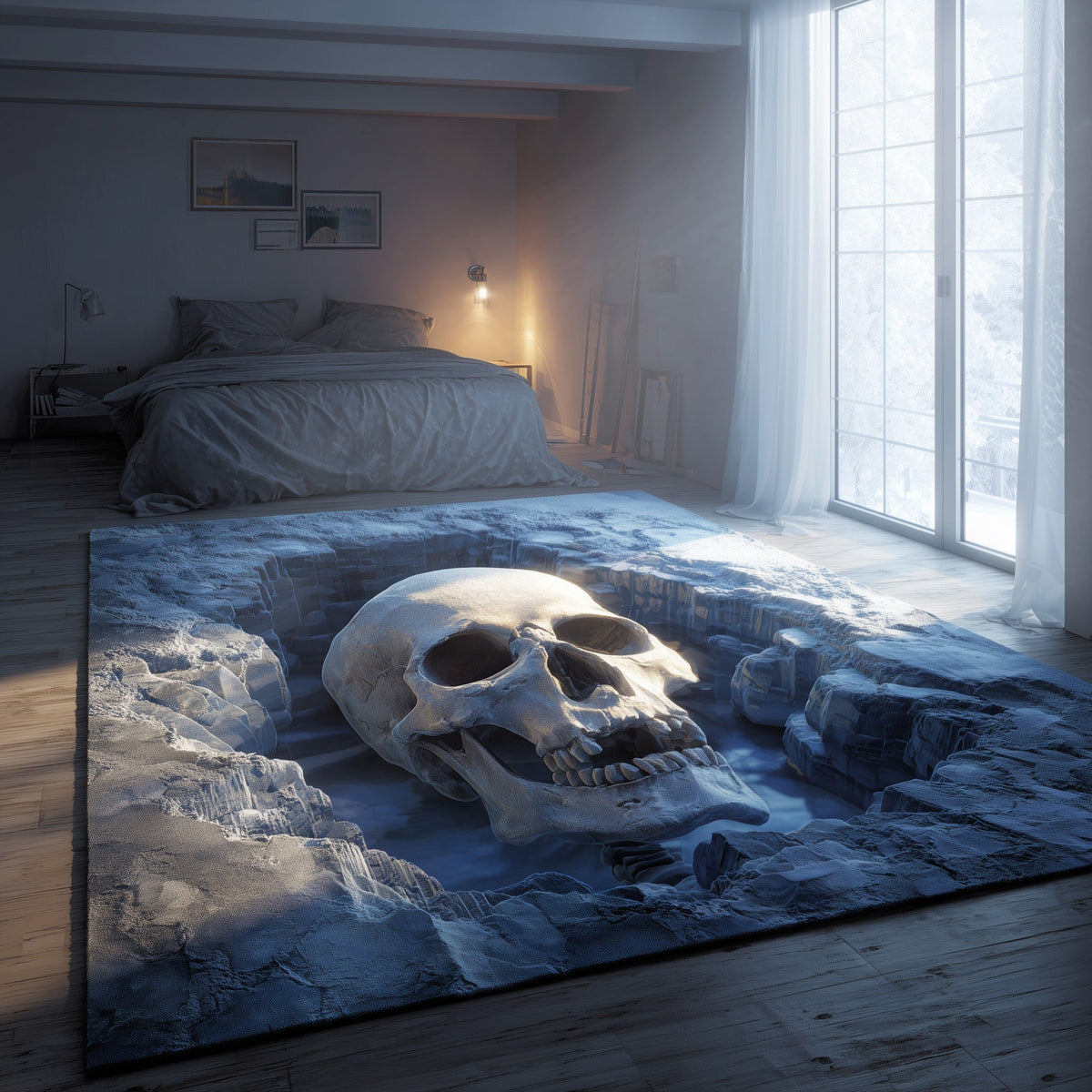 Frozen Skull area rug in a living room