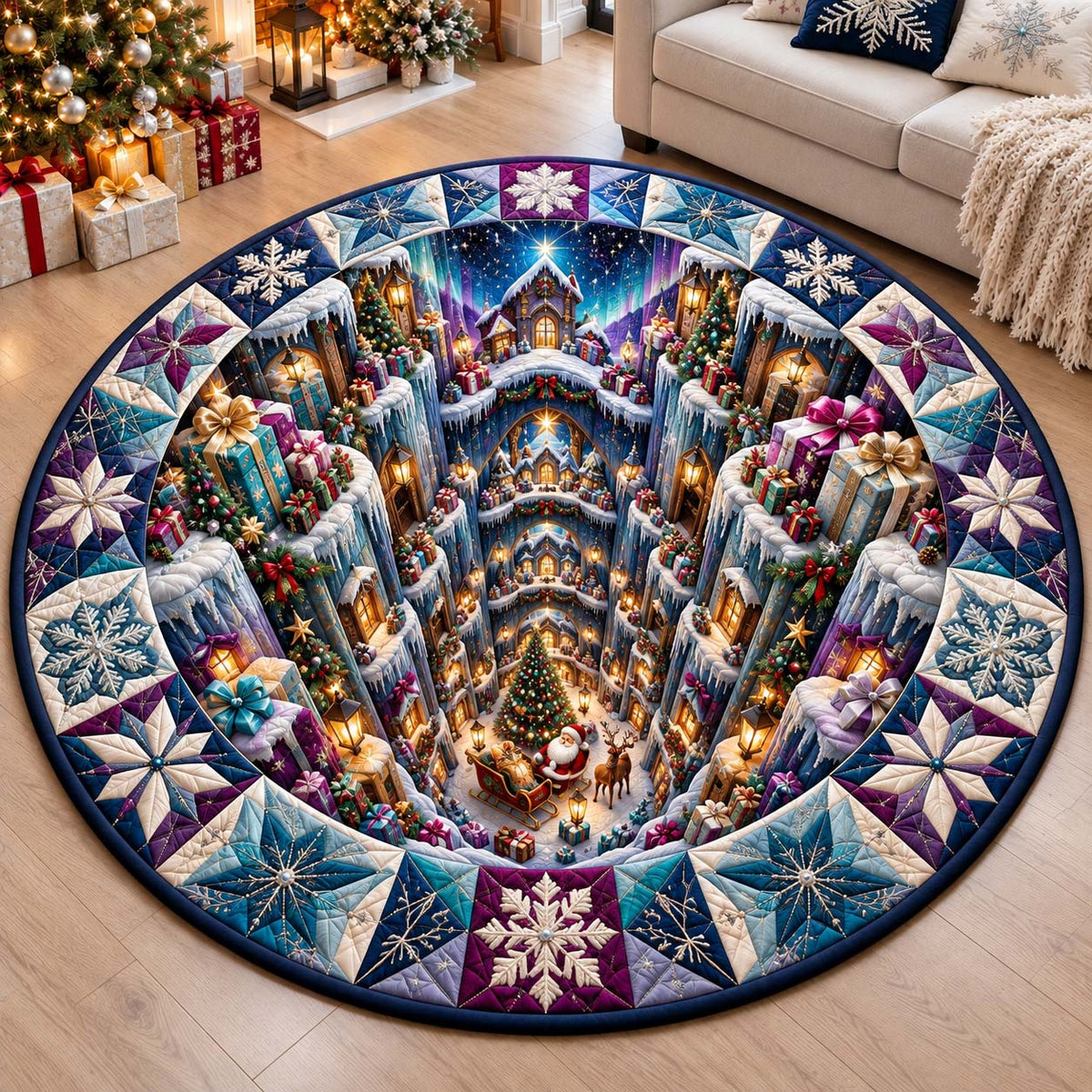 Frozen Village Abyss Round Mat Rug - Nature Design | Serene Home Decor - washable non-slip printed rug