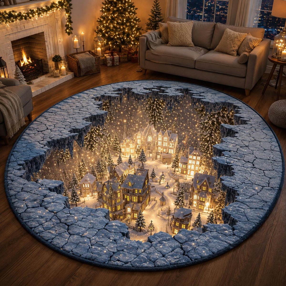 Frozen Village Round Mat Rug - Nature Design | Serene Home Decor - washable non-slip printed rug