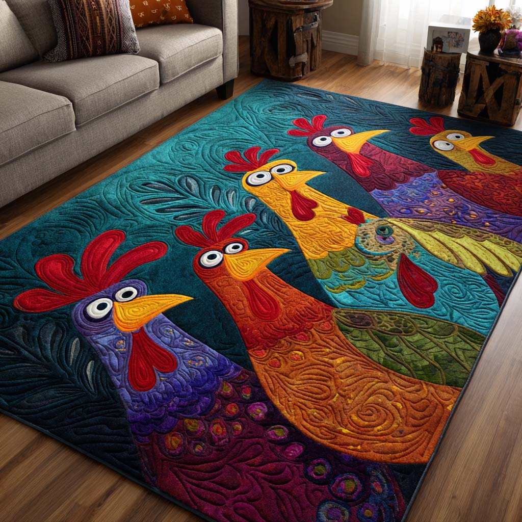 Funky Roosters area rug in a living room