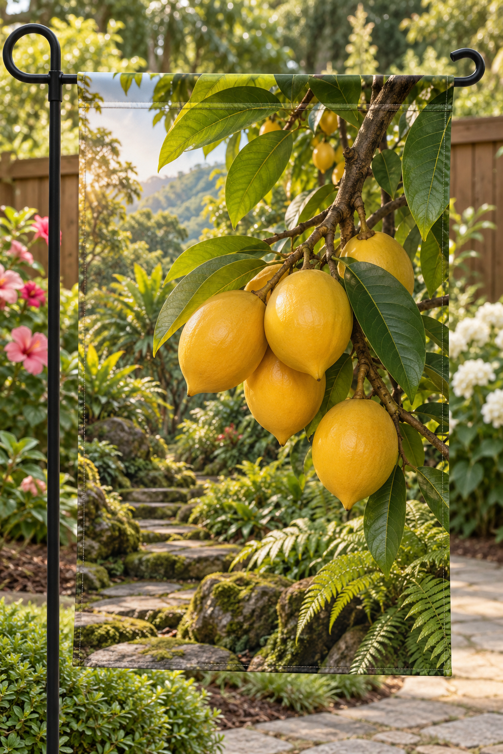 Golden-yellow abiu fruit and elliptic leaves before a deep orchard path printed on a complete hemmed flag