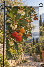 Round strawberry-tree fruits and cream urn-shaped flowers before a deep garden path printed on a complete hemmed flag