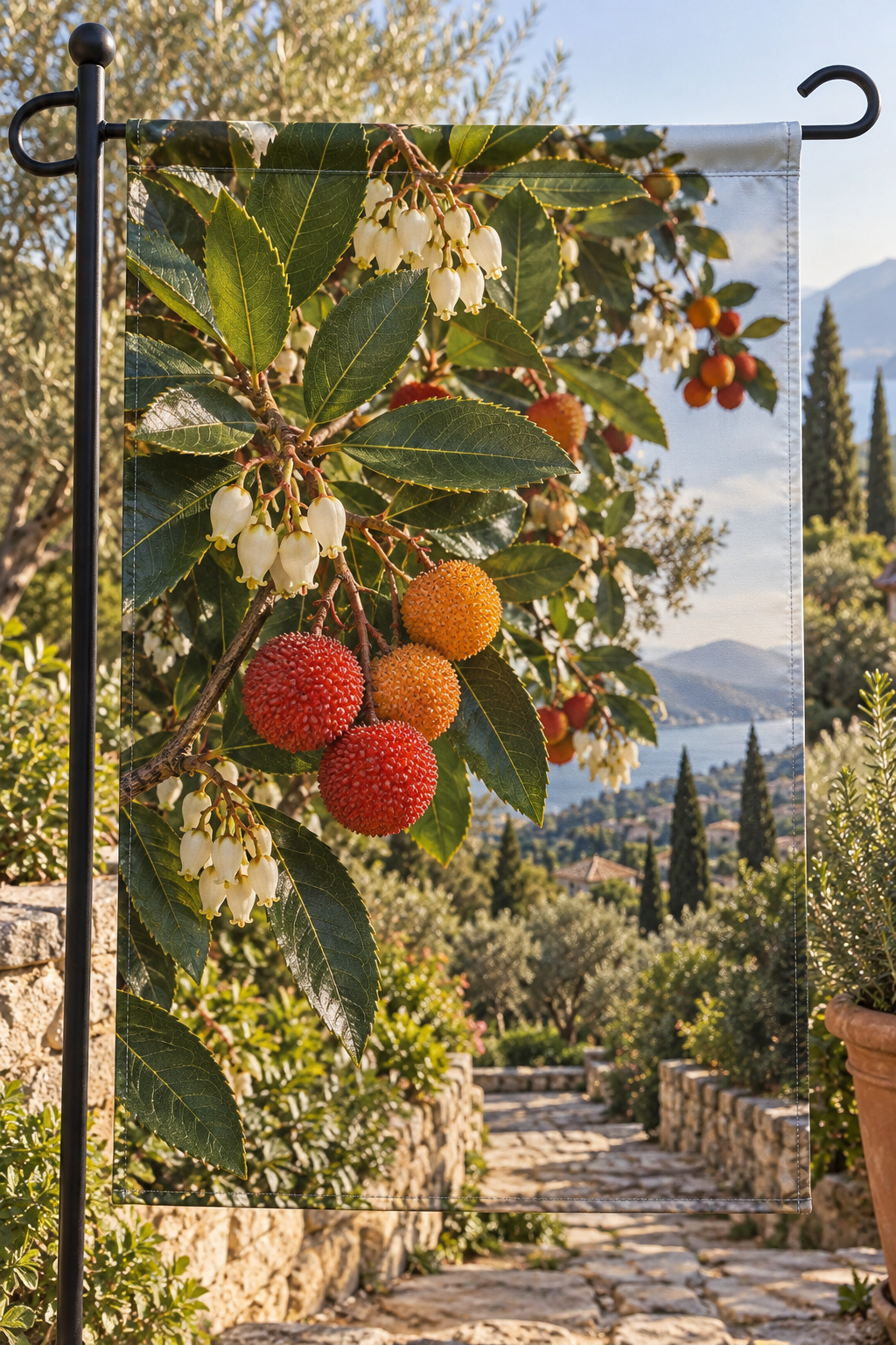 Round strawberry-tree fruits and cream urn-shaped flowers before a deep garden path printed on a complete hemmed flag