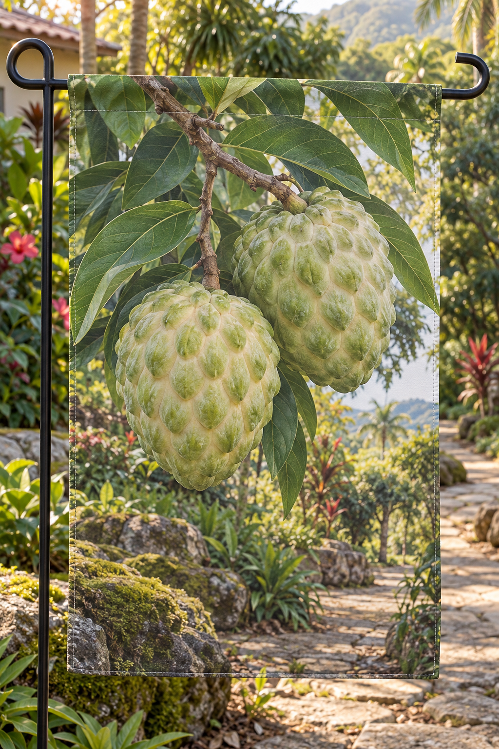 Yellow-green atemoya fruit and smooth leaves before a deep orchard path printed on a complete hemmed flag