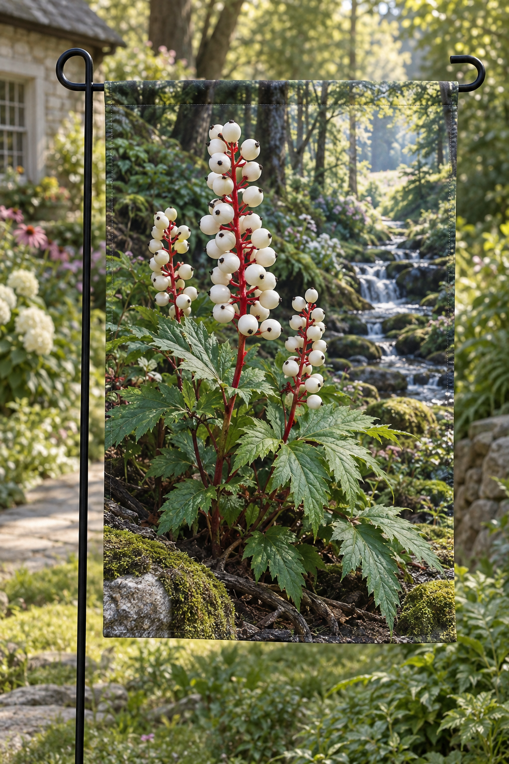 White baneberry fruit racemes with stout red pedicels before a deep woodland stream printed on a complete hemmed garden flag