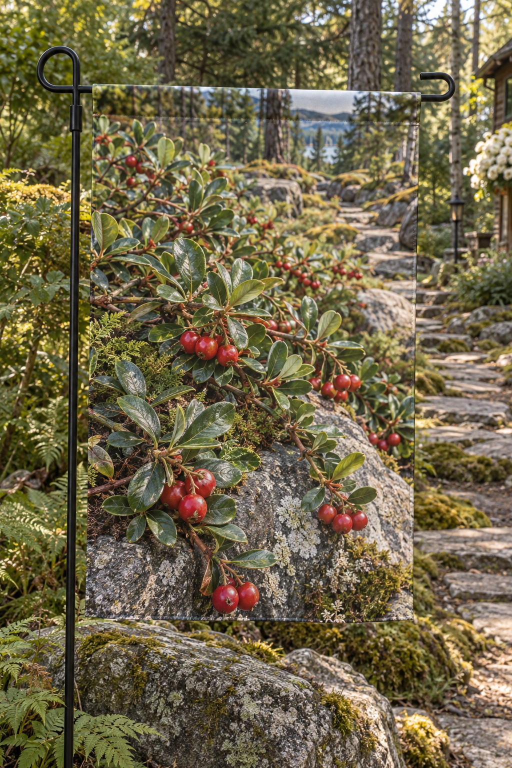 Red bearberry groups and glossy spoon-shaped leaves above rocks and a deep woodland path printed on a complete hemmed flag