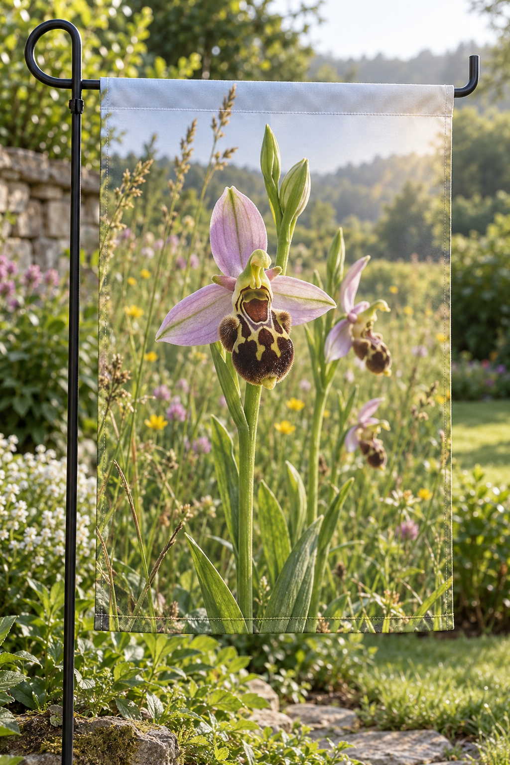 Pink bee orchids with brown and yellow-marked lips in a sunlit meadow printed on a rectangular garden flag