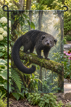 Shaggy binturong on a mossy branch before a deep rainforest printed on a complete hemmed flag