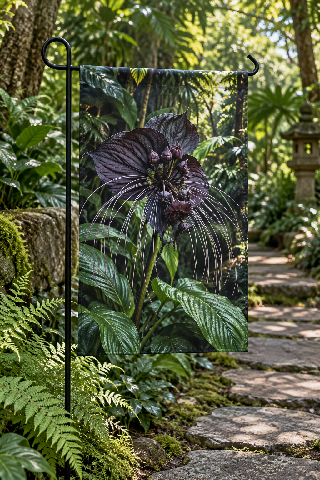 Dark bat flower with long whisker-like filaments before receding tropical foliage printed on a garden flag