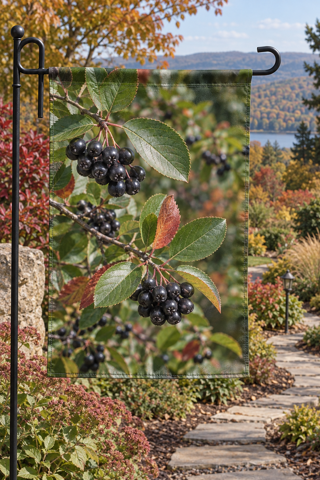 Glossy black chokeberries and serrated leaves before a deep autumn garden path printed on a complete hemmed flag