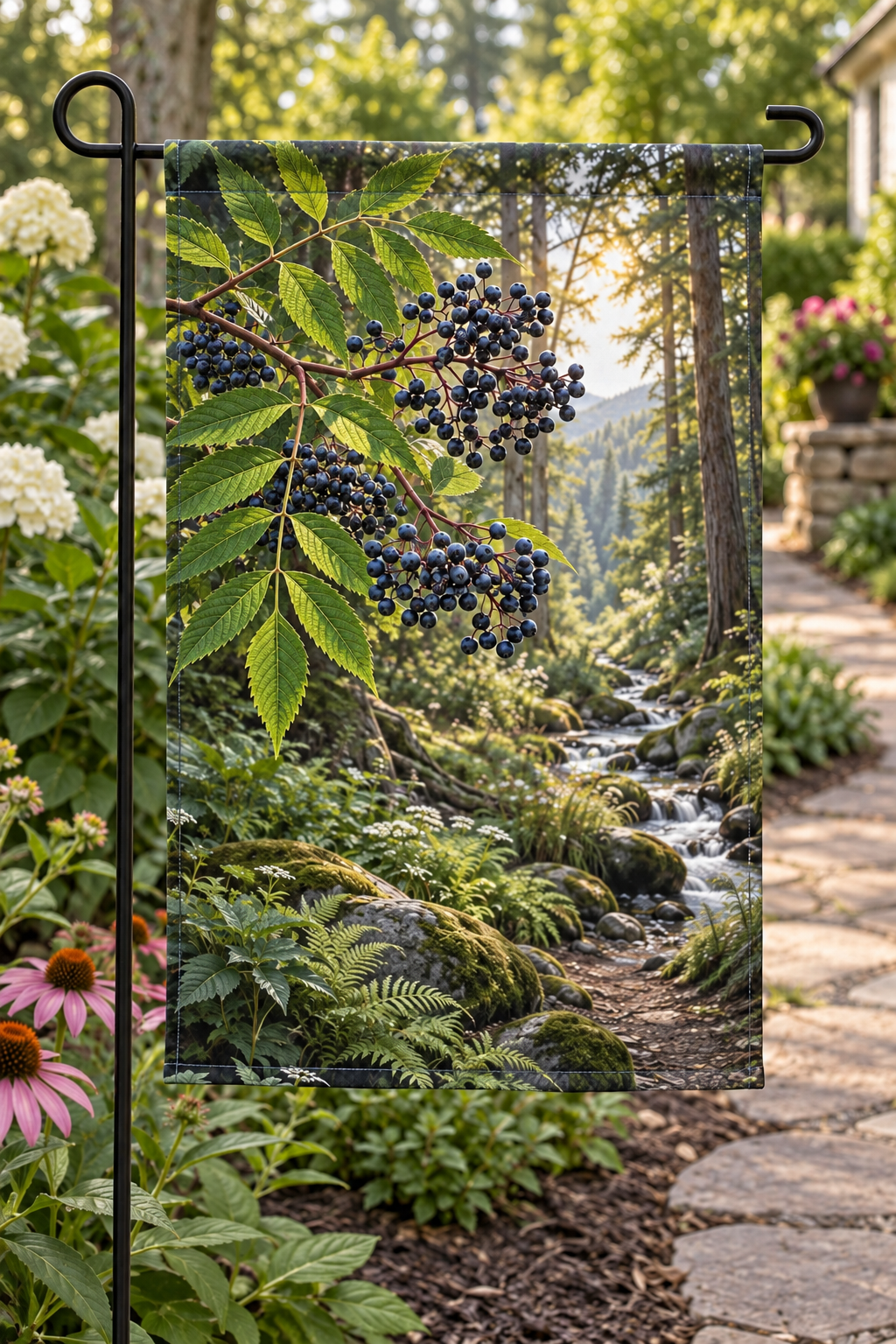 Blue-black elderberry clusters and compound leaves above a deep woodland stream printed on a complete hemmed garden flag