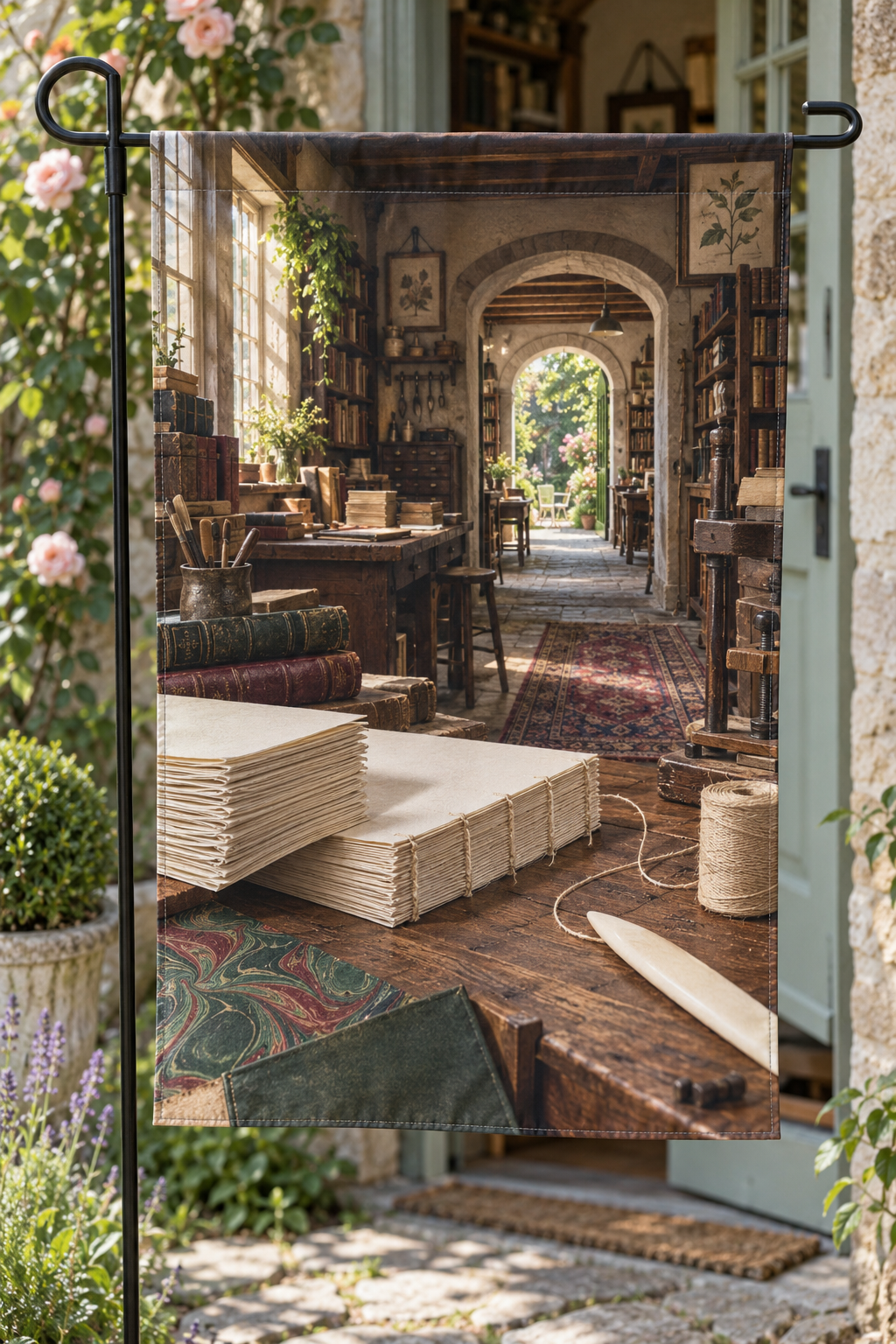 Bookbinding tools and arched workshop printed on a portrait garden flag