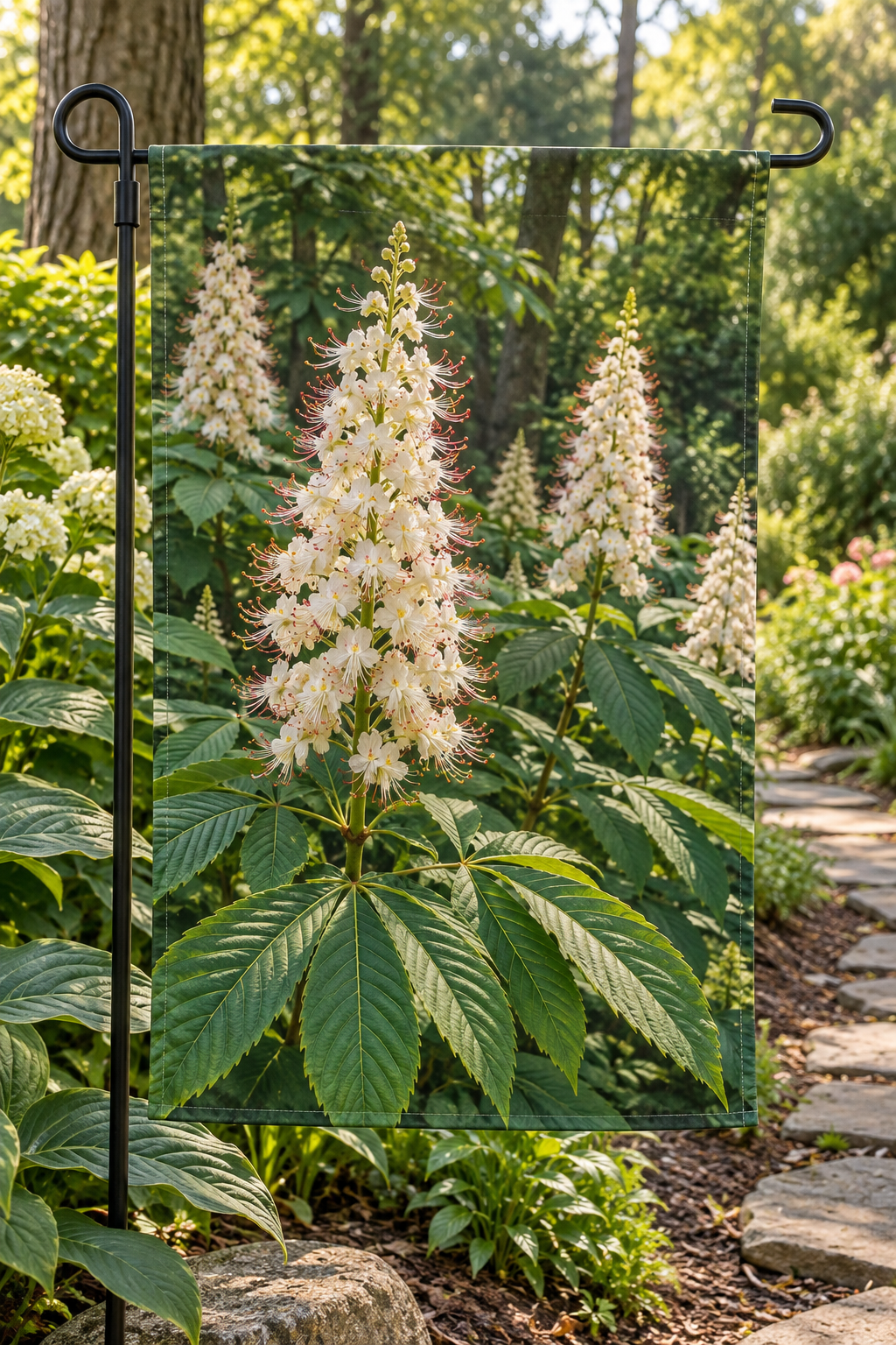 White bottlebrush buckeye spires with red-tipped stamens and palmate leaves printed on a complete garden flag