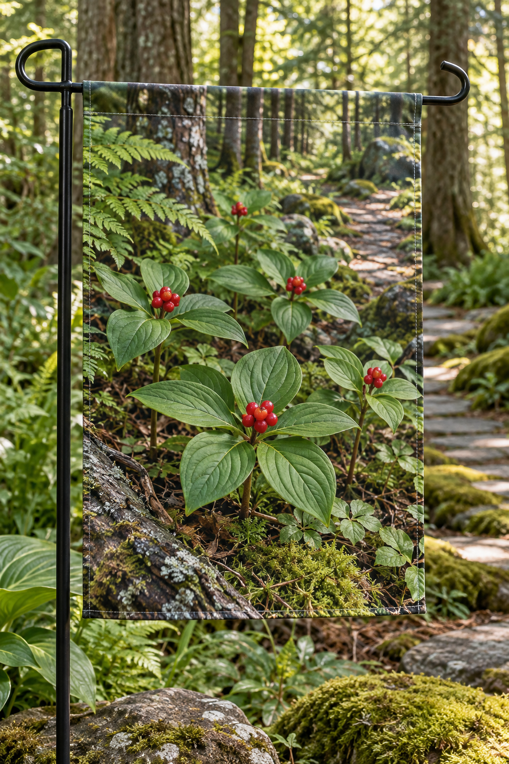 Scarlet bunchberry clusters and strongly veined leaves above mossy forest floor printed on a complete hemmed flag