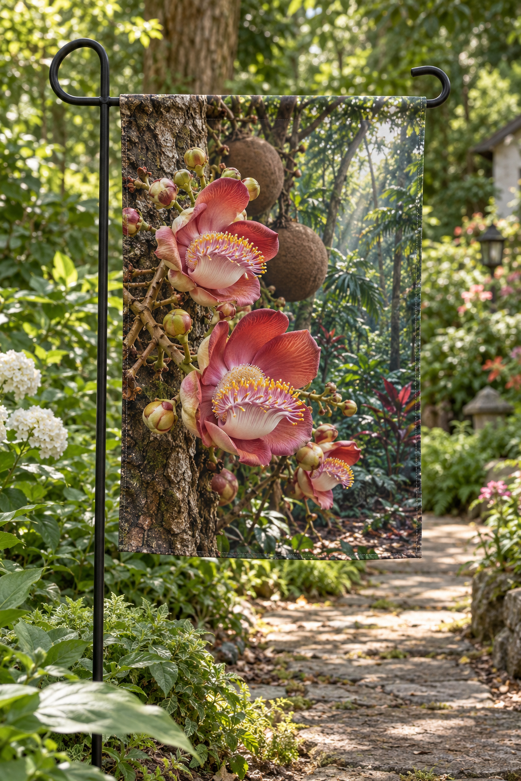 Pink and red cannonball tree flowers and round fruit before a receding rainforest printed on a flat rectangular garden flag
