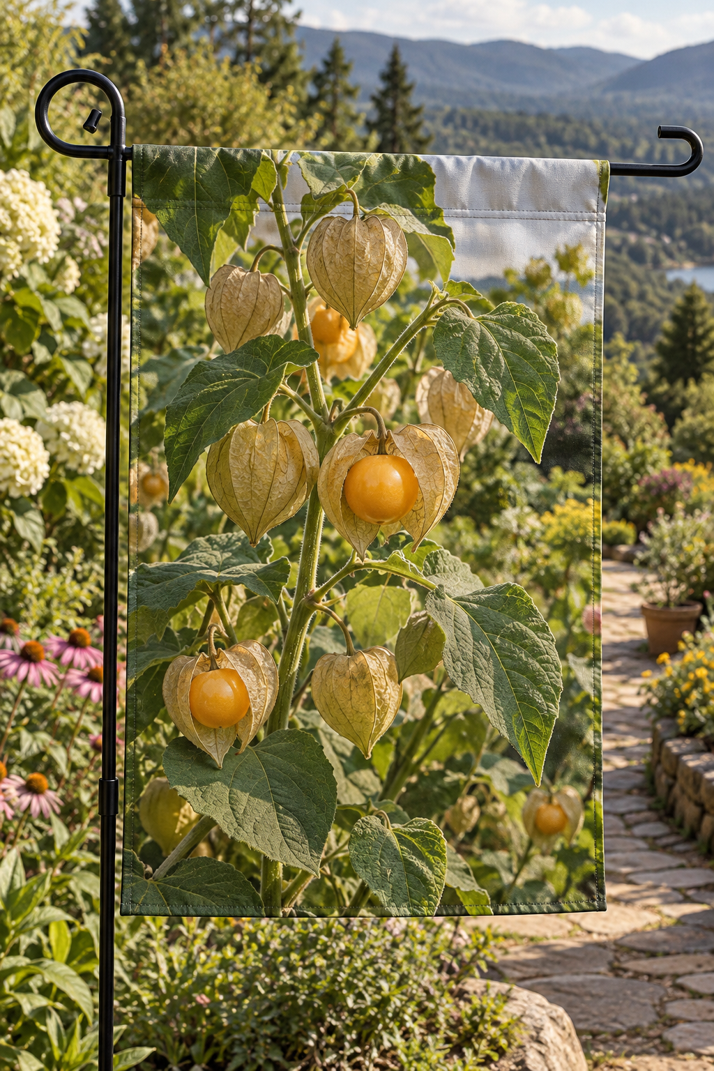 Golden cape gooseberries in papery husks before a deep sunlit garden path printed on a complete hemmed flag