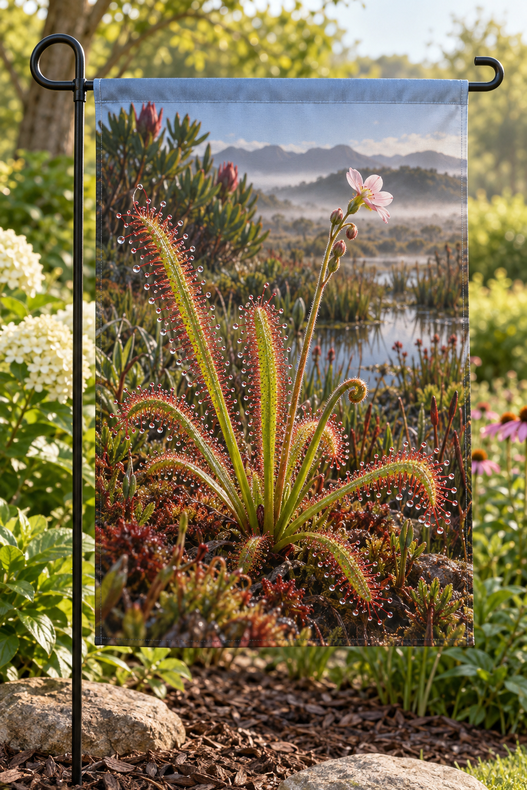 Strap like Cape sundew leaves with red glandular tentacles and pink flower printed on a complete garden flag