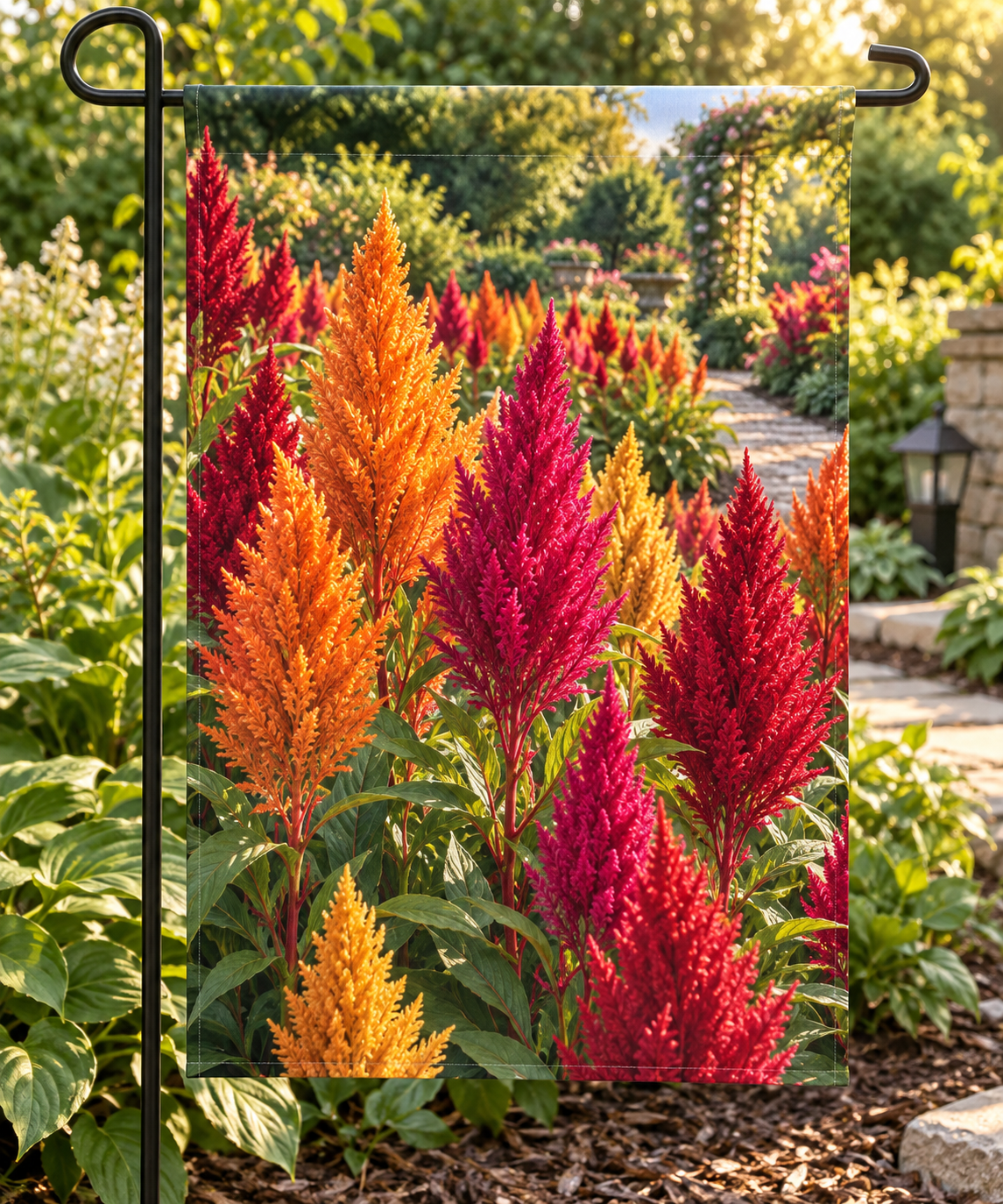 Orange, red and magenta feathery celosia plumes beside a receding sunlit garden path printed on a complete flat garden flag