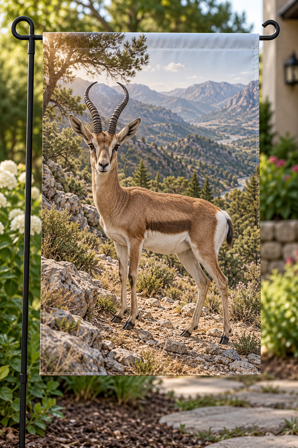 Cuviers gazelle among rocks before a deep mountain woodland valley printed on a complete hemmed flag