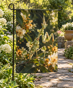 Green and ivory flower mantis among layered blossoms printed on a flat rectangular garden flag