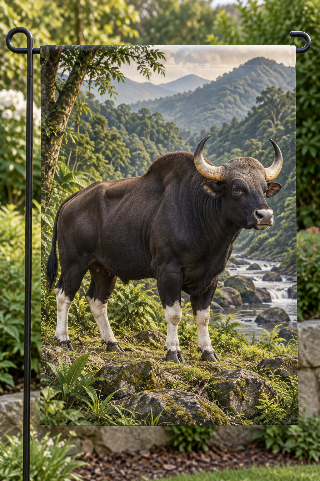 Dark gaur beside a deep tropical forest stream printed on a complete hemmed garden flag
