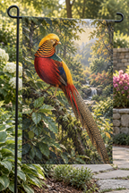 Golden pheasant with golden crest and long patterned tail before receding woodland printed on a rectangular garden flag