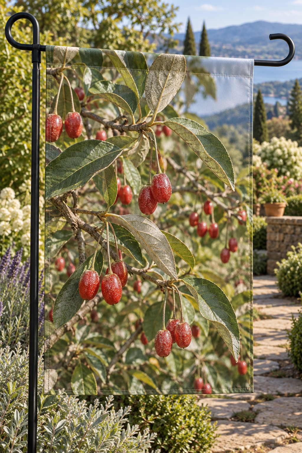 Red silver-speckled goumi fruit on long stalks before a deep sunlit garden path printed on a complete hemmed flag