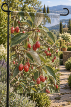Red silver-speckled goumi fruit on long stalks before a deep sunlit garden path printed on a complete hemmed flag