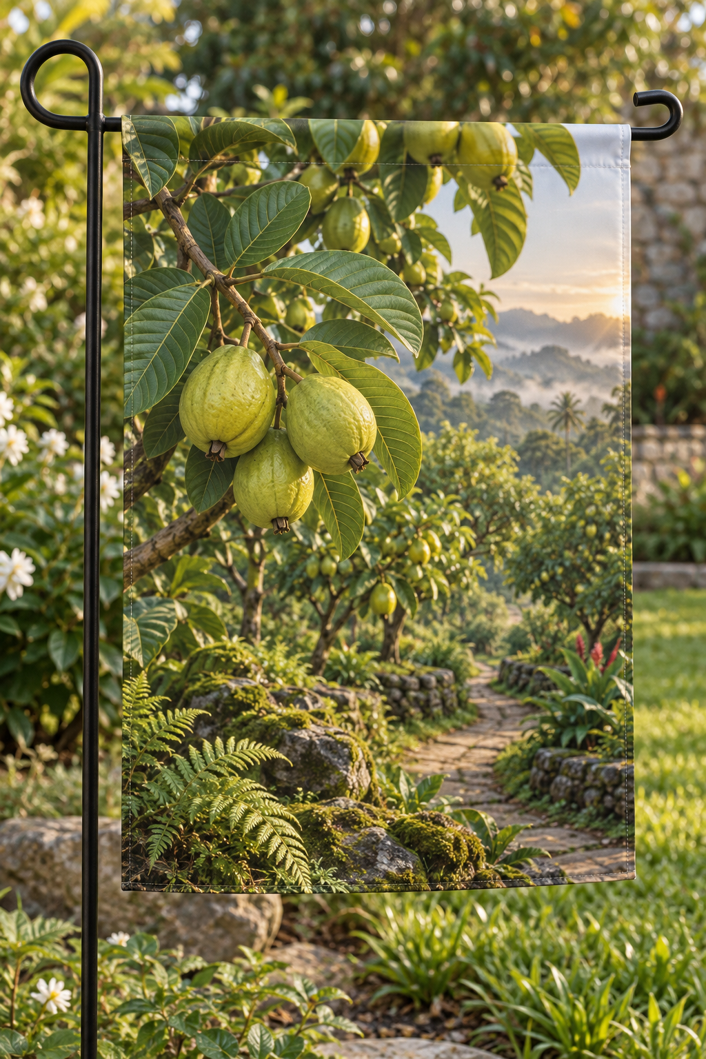 Green-yellow guavas and oval leaves before a deep orchard path printed on a complete hemmed flag
