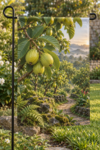 Green-yellow guavas and oval leaves before a deep orchard path printed on a complete hemmed flag