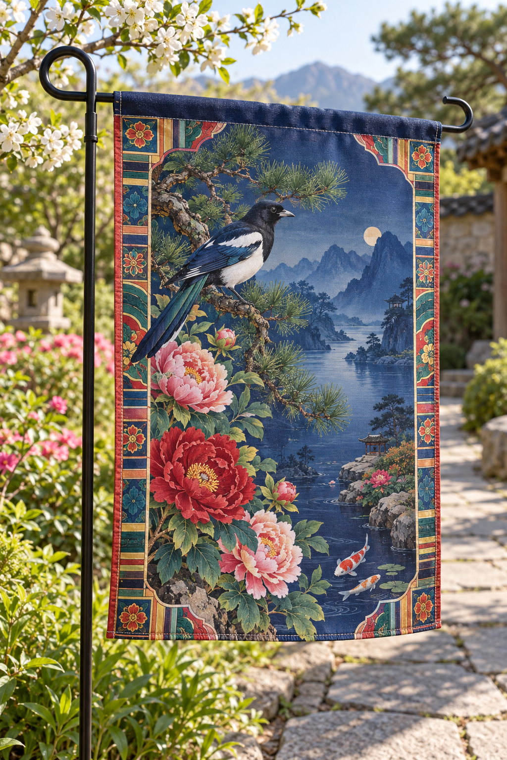Hwagak-inspired magpie, peonies and koi with a mountain lake printed on a garden flag