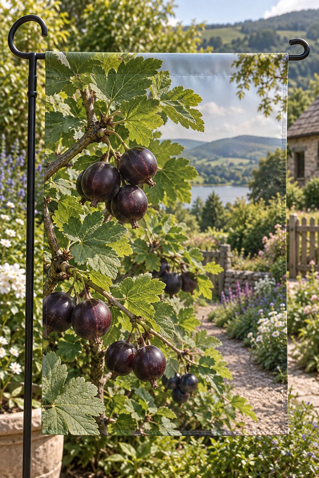 Dark jostaberries and lobed green leaves before a deep cottage fruit garden printed on a complete hemmed flag