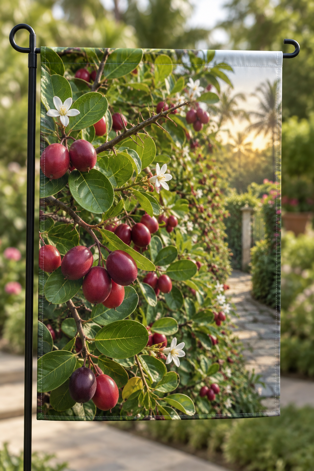 Red-purple karonda berries and white flowers before a deep hedge path printed on a complete hemmed flag
