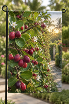 Red-purple karonda berries and white flowers before a deep hedge path printed on a complete hemmed flag