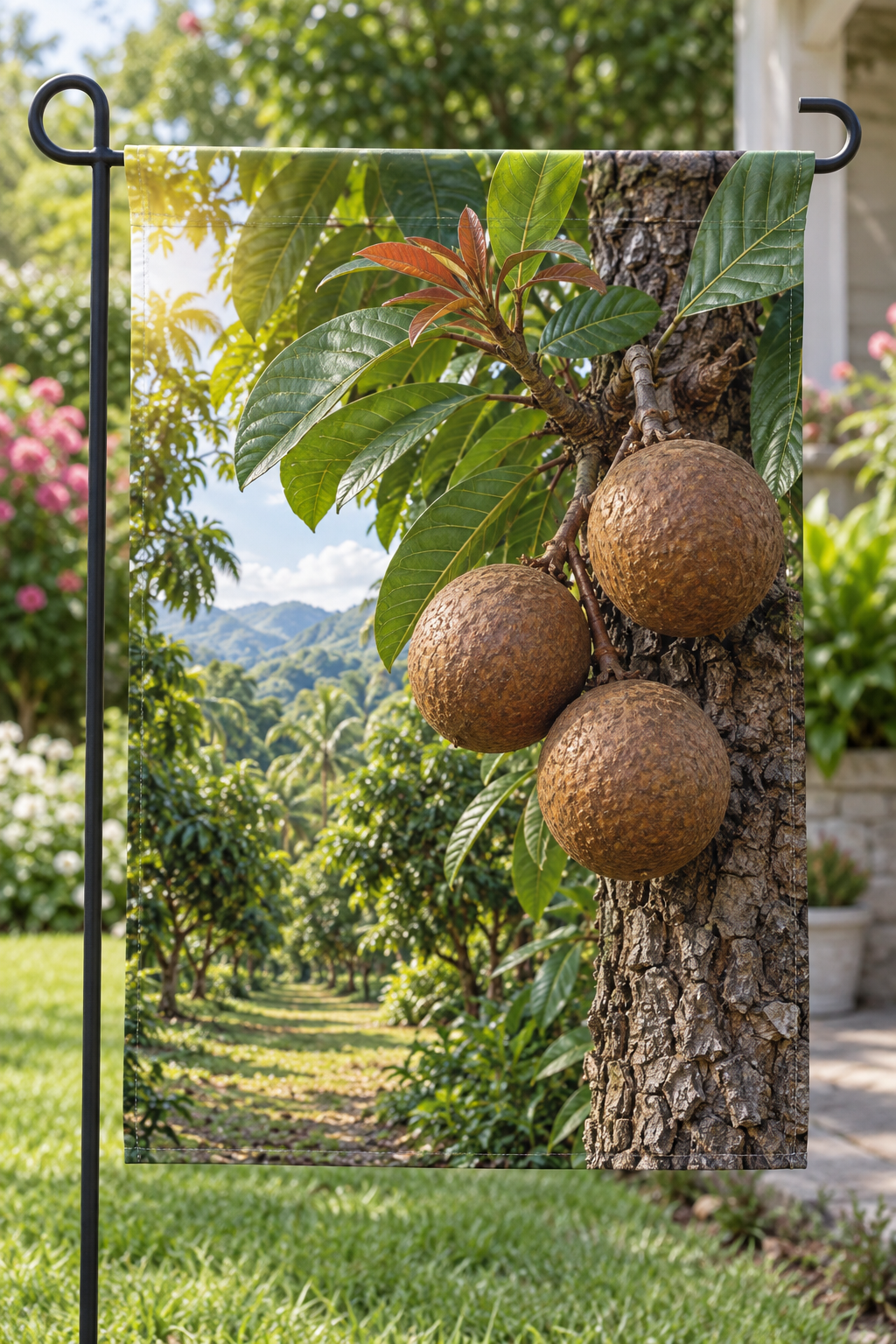 Brown kepel fruits on a woody trunk beside a deep tropical orchard path printed on a complete hemmed flag