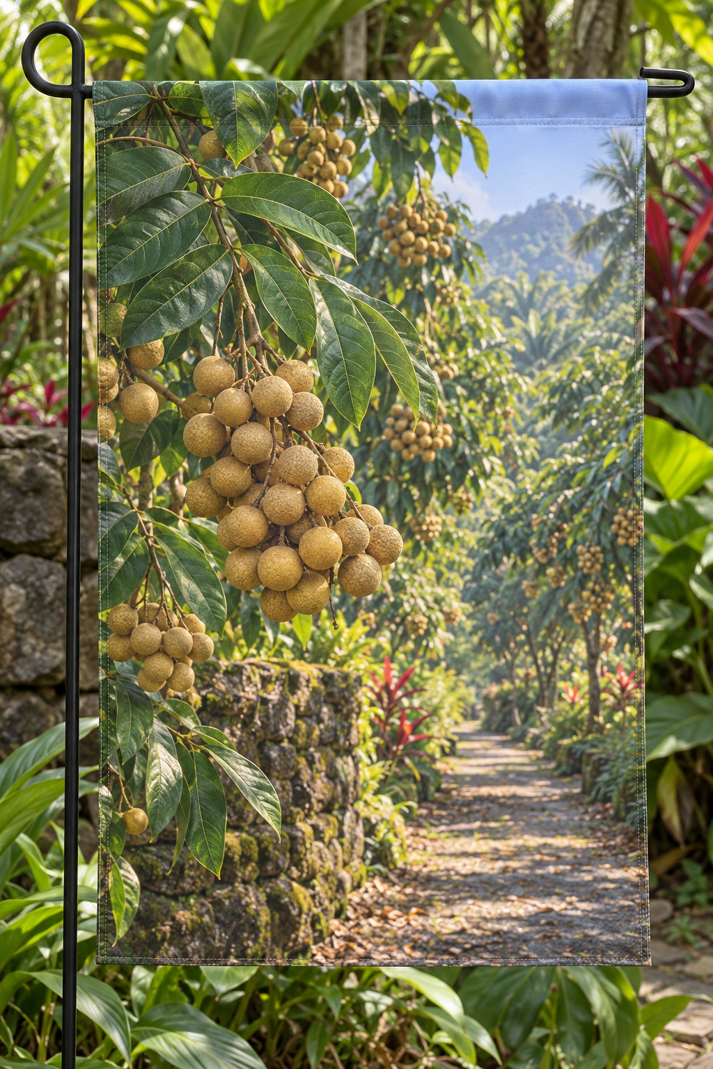 Tan longan clusters and paired leaflets before a deep orchard path printed on a complete hemmed flag